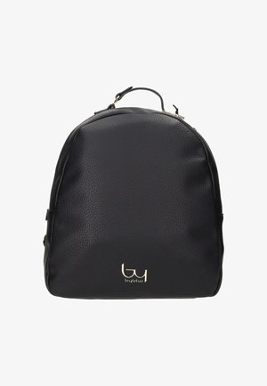 Zaino in pelle nera granulosa con manico superiore, forma arrotondata e logo "byblos" argento sul centro anteriore.