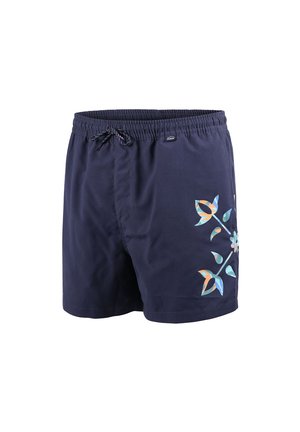 Short de bain bleu marine avec taille élastique, cordon noir et imprimé floral coloré sur la jambe droite.