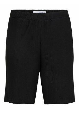 Black ribbed shorts with an elastic waistband; knee-length with a relaxed fit; smooth texture and no visible pockets or embellishments.