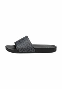 Black slide sandal with textured fabric upper featuring a subtle, patterned design. Flat rubber sole for comfort and stability.