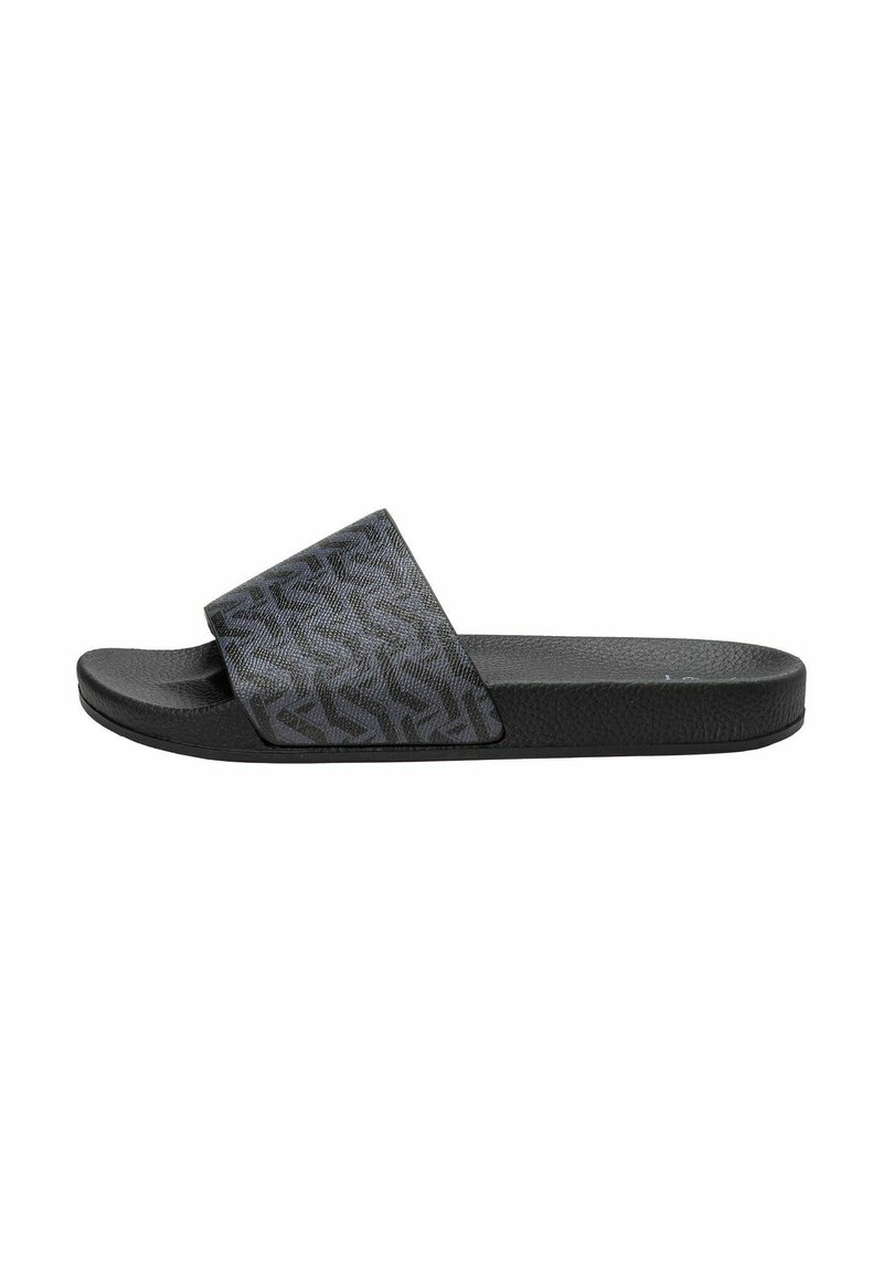 Black slide sandal with textured fabric upper featuring a subtle, patterned design. Flat rubber sole for comfort and stability.