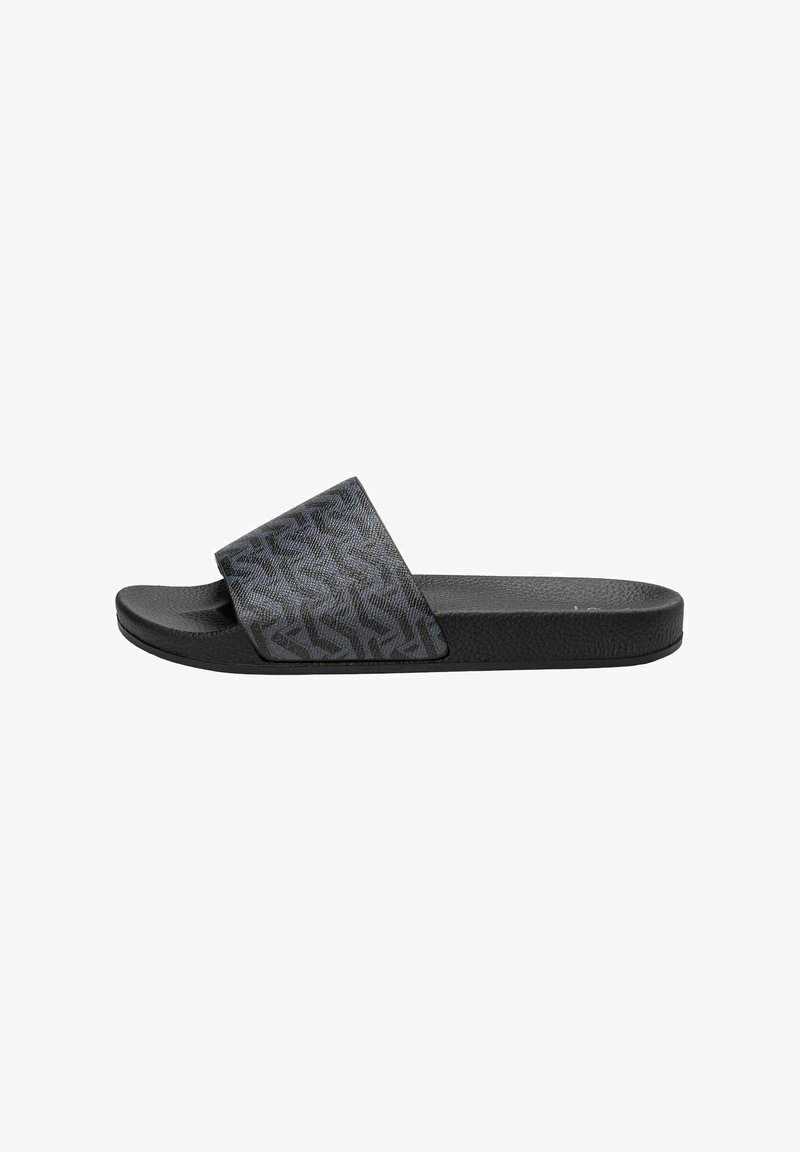 Black slide sandal with textured fabric upper featuring a subtle, patterned design. Flat rubber sole for comfort and stability.