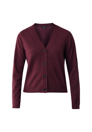 Cardigan bordeaux a maniche lunghe con scollo a V e quattro bottoni neri sulla parte anteriore, polsini e orlo a coste.