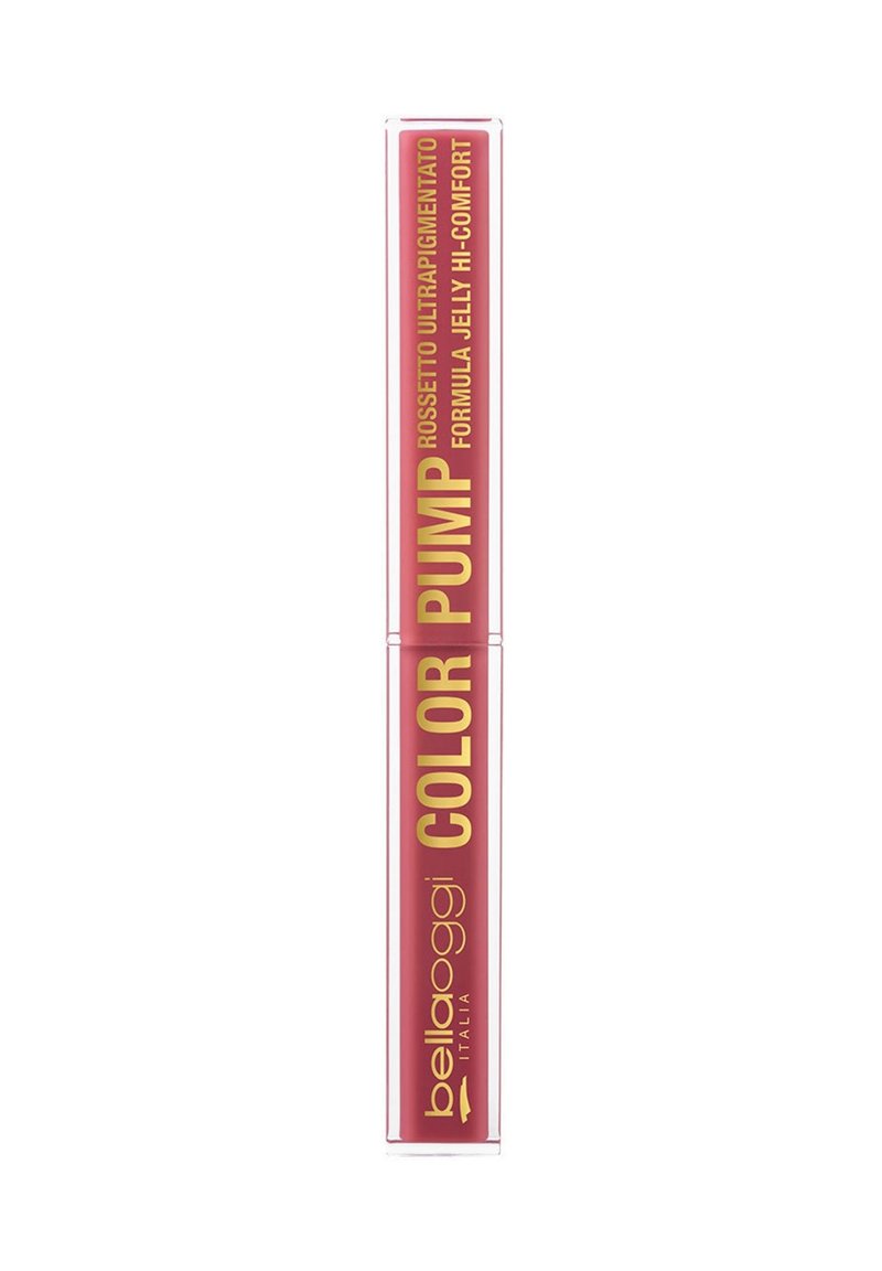 Tubetto di lucidalabbra di un rosa intenso con testo dorato "COLOR PUMP" e "belloggi ITALIA" su uno sfondo bianco.