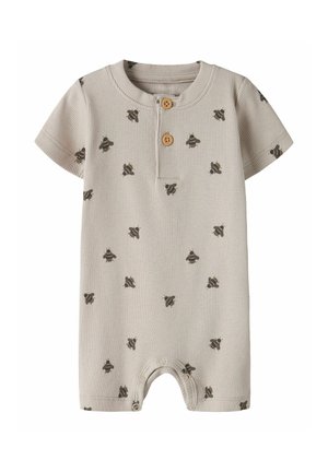Barboteuse beige manches courtes pour bébé avec texture côtelée, motifs abeilles marron, deux boutons en bois à l'avant et fermetures pression à l'entrejambe.