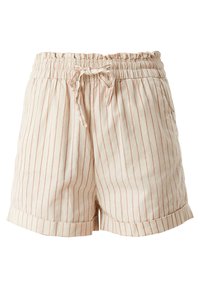 Shorts en lin couleur crème avec fines rayures rouges verticales, taille élastique, cordon de serrage, poches latérales et ourlet replié.