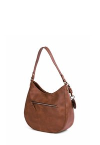 Hnědá kožená hobo taška s zakřiveným profilem, horním uchem a vnější kapsou na zip. Hladká textura s jemnými švy.