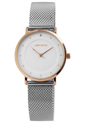 Silver mesh band watch with a rose gold-tone case, circular white dial, gold hour markers, and slender hands. Brand name: Just Watch.