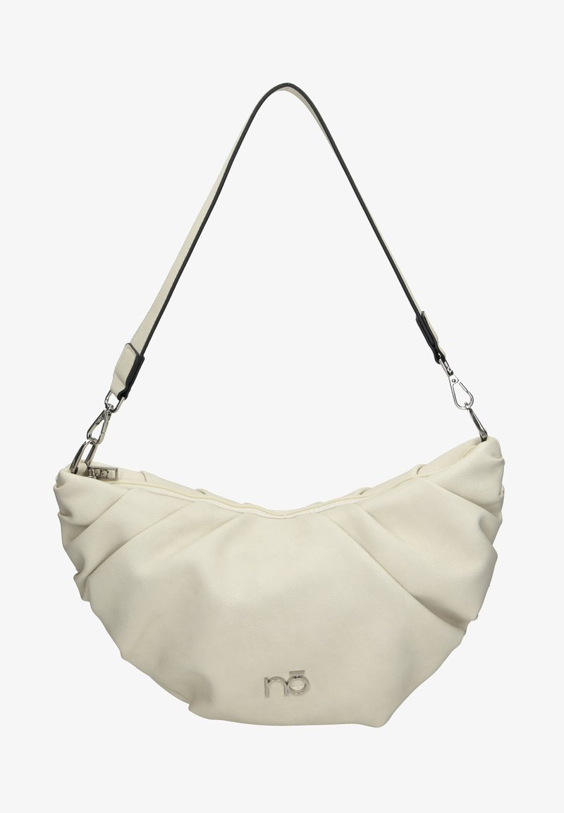 Sac d'épaule en cuir couleur crème en forme de croissant avec fermeture éclair argentée et bandoulière amovible, avec un petit logo métallique de la marque sur le devant.