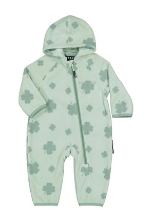Lysegrøn babyheldragt med hætte, lynlås foran og mørkegrønne kløver mønstre over hele stoffet.