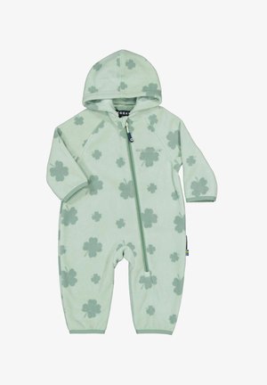 Lysegrøn babyheldragt med hætte, lynlås foran og mørkegrønne kløver mønstre over hele stoffet.