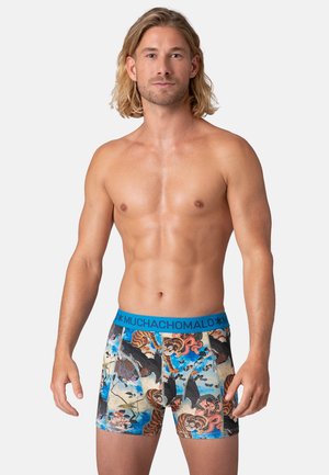Kleurige boxershorts met een geïllustreerd patroon van tijgers en bloemen, een blauwe elastische tailleband met het logo "MUCHACHOMALO" en een aansluitend ontwerp.