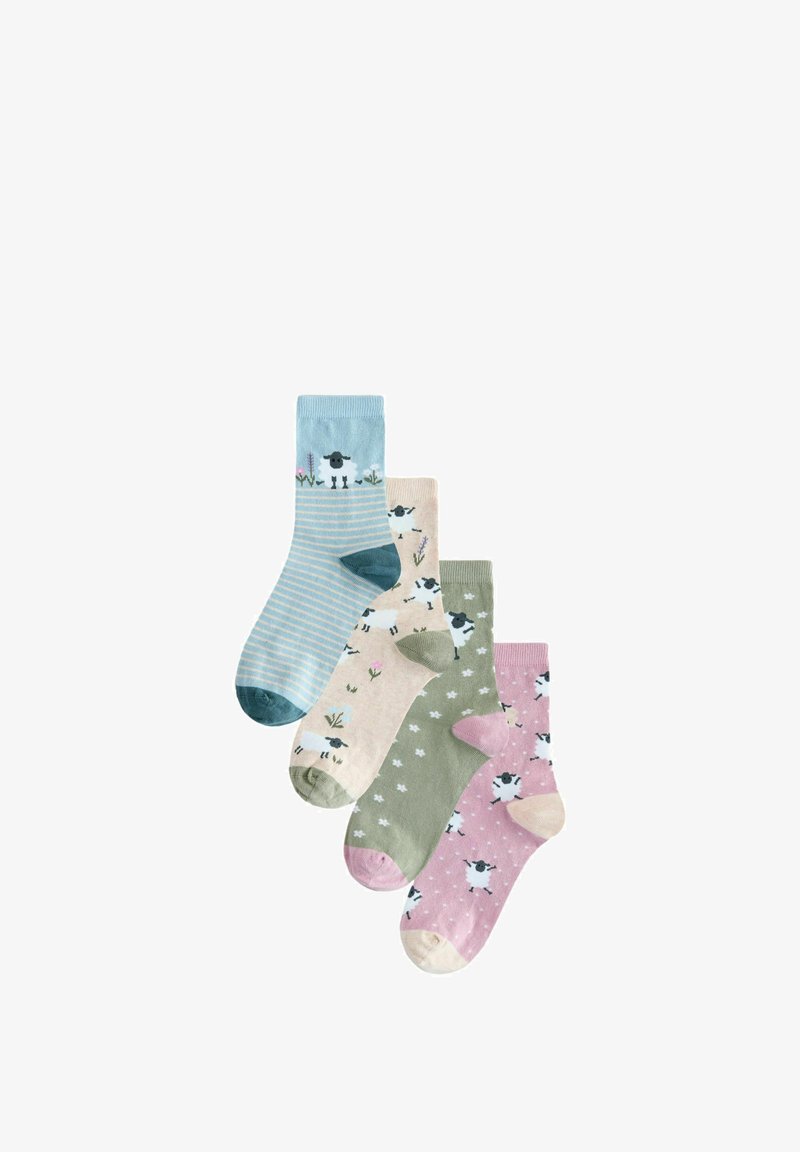Lot de quatre chaussettes aux couleurs pastel : bleues rayées, roses avec des moutons, vertes à motifs floraux, et roses à pois. Matière en mélange de coton.