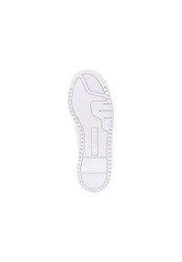 Suola di scarpa in gomma bianca con motivi testurizzati, logo al centro e scanalature per la trazione. Superficie liscia con bordi leggermente rialzati per una migliore aderenza.