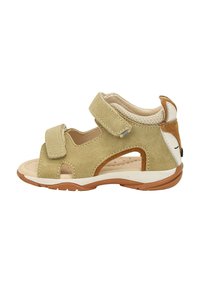 Suede sandály v olivově zelené barvě s béžovými akcenty. Mají dvě nastavitelné suché zipy a vyřezávané boky. Guma na podrážce pro lepší přilnavost.