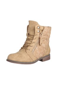 Botas tobilleras marrones de ante sintético con panel de encaje y detalle de cremallera lateral. Presentan cordones y un bajo tacón de bloque de madera.