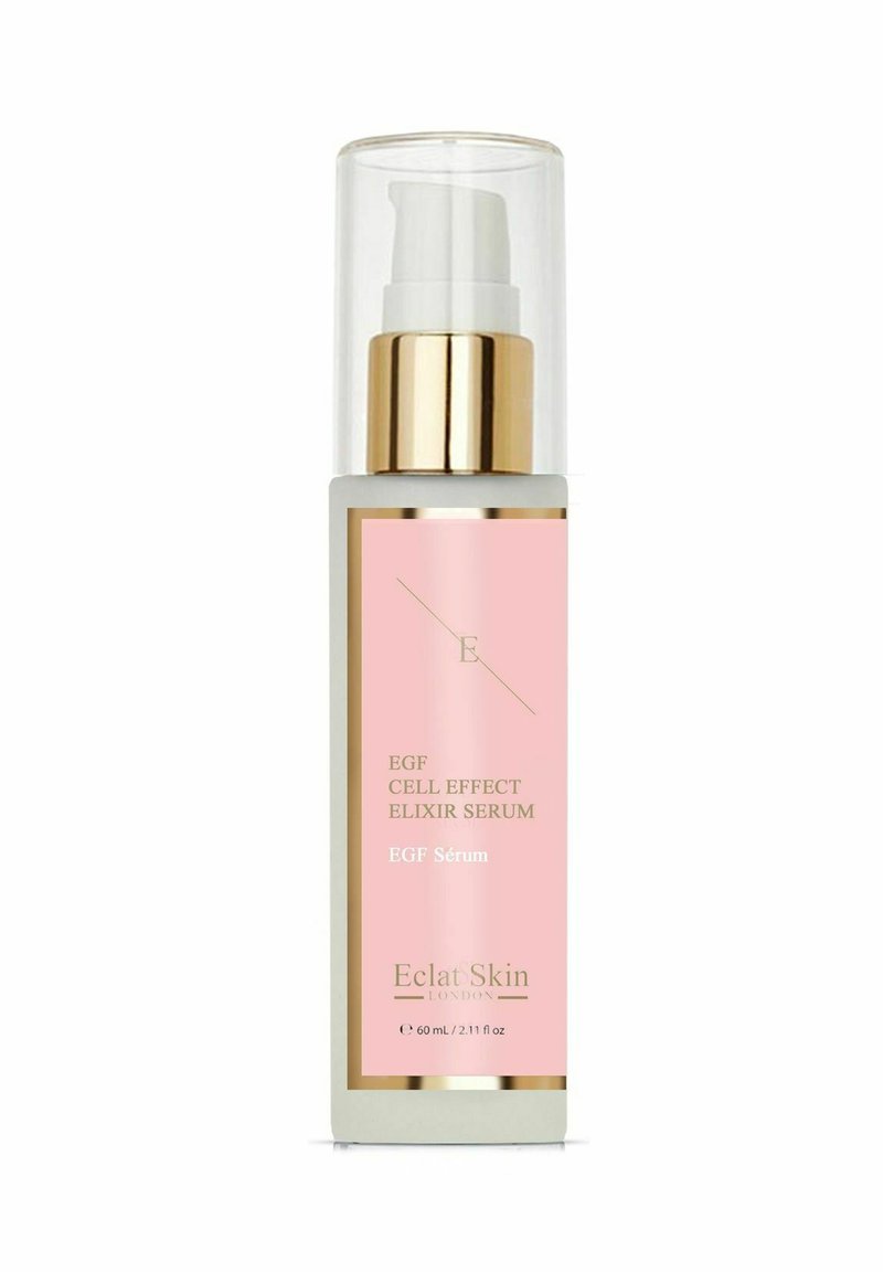 Przezroczysta szklana butelka serum z białą i złotą pompką, z różową etykietą, na której widnieje napis "EGF Cell Effect Elixir Serum" oraz "Eclat Skin London."