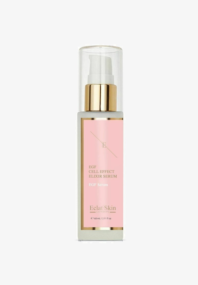 Przezroczysta szklana butelka serum z białą i złotą pompką, z różową etykietą, na której widnieje napis "EGF Cell Effect Elixir Serum" oraz "Eclat Skin London."