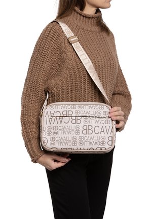 Borsa a spalla beige a motivo con design del logo in rilievo, forma rettangolare, tracolla regolabile con bordo del logo e scomparto con zip.