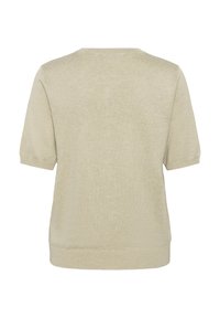 Pull court beige à manches courtes avec un col rond, texture en tricot lisse et ourlet côtelé. La vue de dos montre une coupe décontractée sans embellissements.