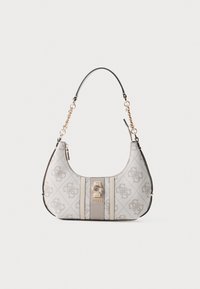 Hobo bag in light gray with signature patterns, gold-tone hardware, and a chain-accented strap. Features a central logo plate and smooth texture.