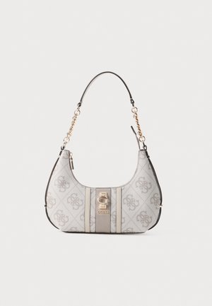 Hobo bag in light gray with signature patterns, gold-tone hardware, and a chain-accented strap. Features a central logo plate and smooth texture.