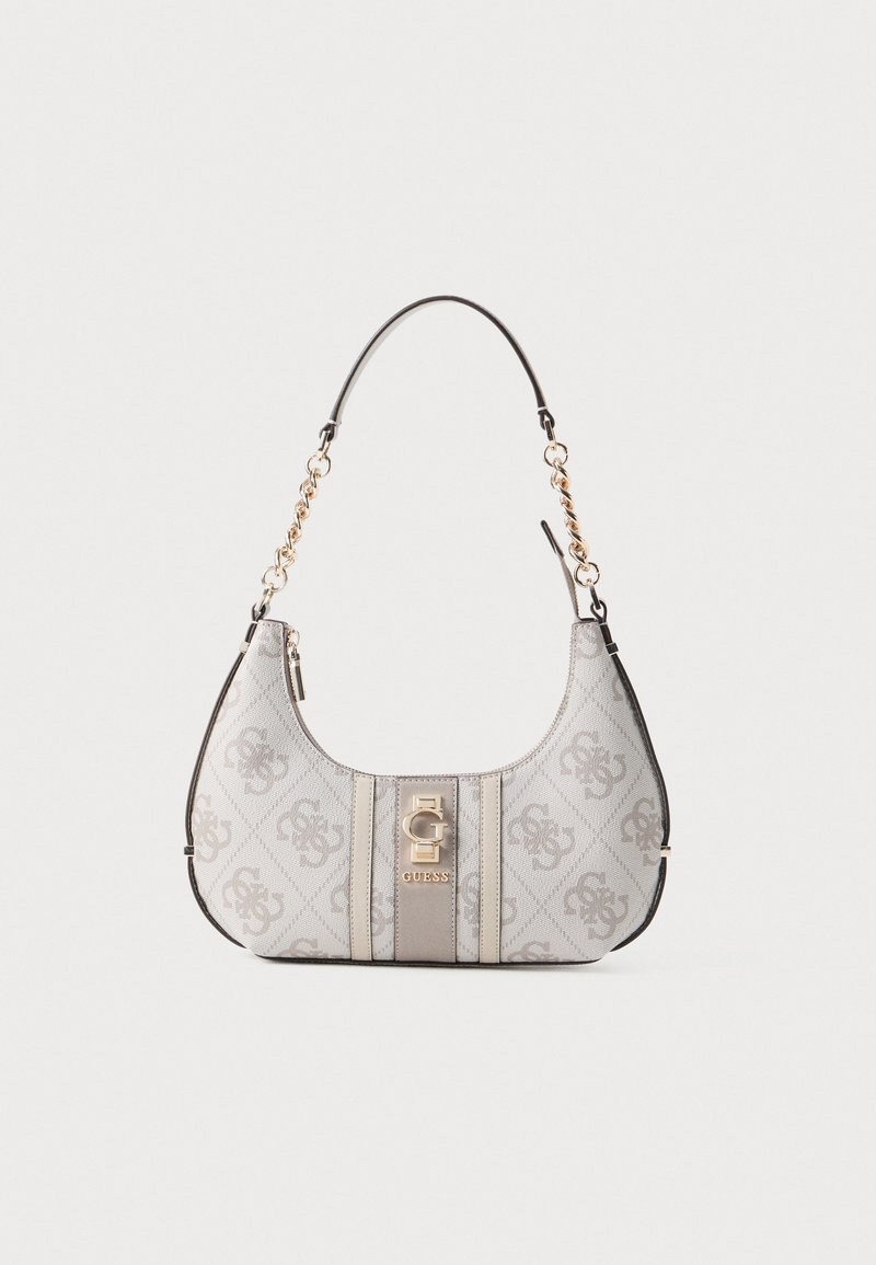 Hobo bag in light gray with signature patterns, gold-tone hardware, and a chain-accented strap. Features a central logo plate and smooth texture.
