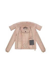 Hellrosa gepolsterte Winterjacke mit langen Ärmeln, geöffnet, um das Innenfutter zu zeigen, mit NAVAHOO Markenlabel und Anweisungen zum Hitzeschutz.