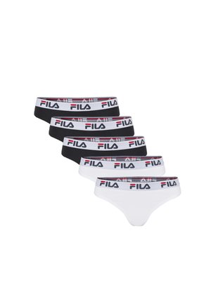 Fem Fila dameunderbukser i sort og hvid med hvide elastiske linninger med Fila-logo i sort og rød.