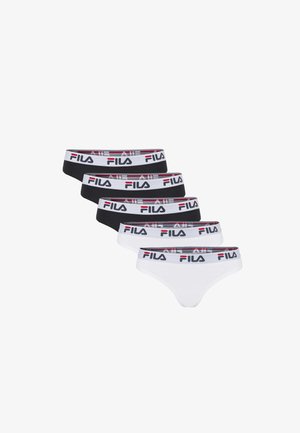 Vijf dames slips van het merk Fila in zwart en wit met witte elastische taillebanden met het Fila-logo in zwart en rood.