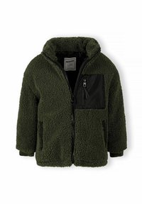 Veste en polaire verte avec une fermeture éclair sur le devant, accents en nylon noir et poche, surface texturée et design à capuche.
