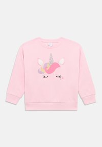 Helles rosa Langarm-Sweatshirt mit einem geschlossenen Einhorn-Gesicht, glitzerndem Horn, pastellfarbener Mähne, weißen Ohren und kleinen Herzakzenten auf der Vorderseite.