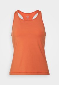 Top sin mangas naranja con una textura suave, que presenta un diseño de espalda nadadora y costuras mínimas. Fabricado en una tela ligera y elástica para mayor comodidad.