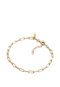 Guldtonad armband med förlängd, länkad kedjedesign. Utrustat med en krabblås och justerbar förlängningskedja för storleksvariation.