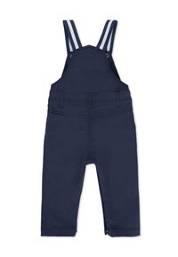 Granatowe ogrodniczki z regulowanymi paskami w paski, przednimi kieszeniami i luźnym krojem. Wykonane z trwałej bawełnianej tkaniny o gładkiej fakturze.