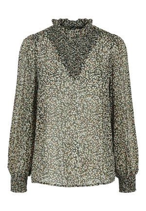Blusa floreale con un alto colletto arruffato. Tessuto trasparente di colore verde scuro con piccoli fiori chiari. Maniche lunghe con polsini arricciati.
