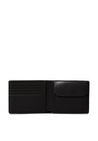 Portefeuille en cuir noir avec six emplacements pour cartes, un compartiment pour la carte d'identité et des coutures minimales. Design compact avec une texture lisse.
