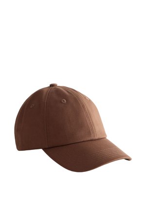 Brown cotton baseball cap with curved brim and ventilation eyelets, shown against a plain white background. No visible logos or designs.