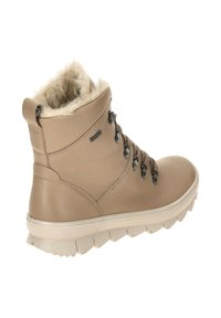 Beige LederStiefelette mit Kunstfellfutter, runder Zehe, Schnürung und strukturiertem Gummilaufsohle mit strapazierfähigem Profil.