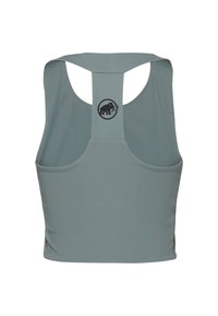 Canotta sportiva grigia chiara con un design a schiena rotonda, un logo nero e una superficie liscia. Presenta spalline larghe per supporto.