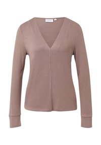 Langarm-V-Ausschnitt-Oberteil in sanftem Mauve. Weicher Stoff mit gerippter Textur. Mit einer Mittelnaht und eng anliegenden Bündchen. Markenlabel "COMMA" sichtbar.