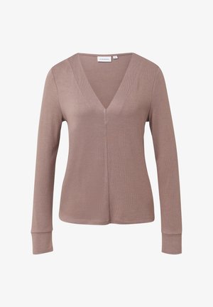 Langarm-V-Ausschnitt-Oberteil in sanftem Mauve. Weicher Stoff mit gerippter Textur. Mit einer Mittelnaht und eng anliegenden Bündchen. Markenlabel "COMMA" sichtbar.