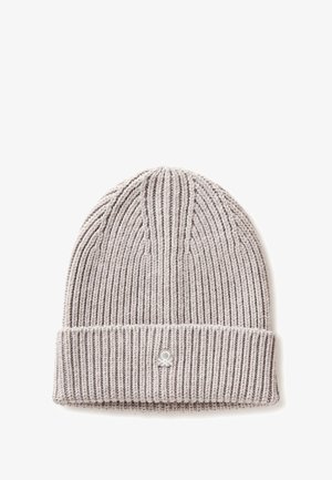 Berretto in maglia grigio con texture a coste, dotato di orlo piegato e un piccolo logo ricamato sul davanti. Realizzato in materiale morbido ed elastico.