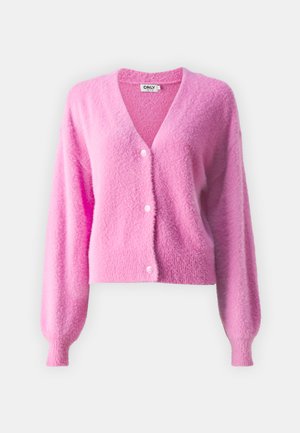 Pink, cropped cardigan made of fuzzy material with a V-neck, long sleeves, and white buttons down the front.
