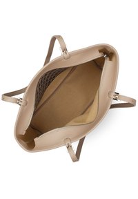 Beige læder tote taske med to håndtag, lynlås lukning og beige stof indvendig. Har en mønstret lomme på den ene side.