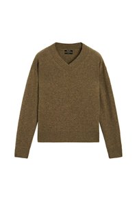 Maglione marrone a V in maglia, con maniche lunghe e polsini e orlo a costine, adagiato su uno sfondo bianco.
