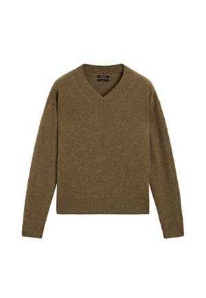 Maglione marrone a V in maglia, con maniche lunghe e polsini e orlo a costine, adagiato su uno sfondo bianco.