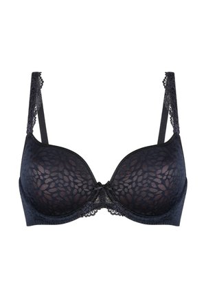 Sostén negro de encaje con aros y patrón floral, tirantes ajustables y un lazo decorativo entre las copas. Textura suave con forma estructurada.
