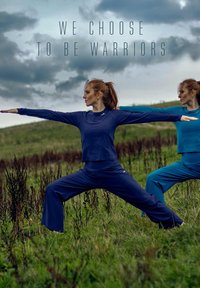 Two figures in athletic wear, one in dark blue long-sleeve top and pants, the other in light blue top and pants, striking warrior yoga poses.