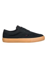 Schwarze Canvas-Sneaker mit runder Zehenpartie, Schnürdesign und kontrastierender Gummisohle. Verfügt über einen dezenten Logoakzent an der Seite.